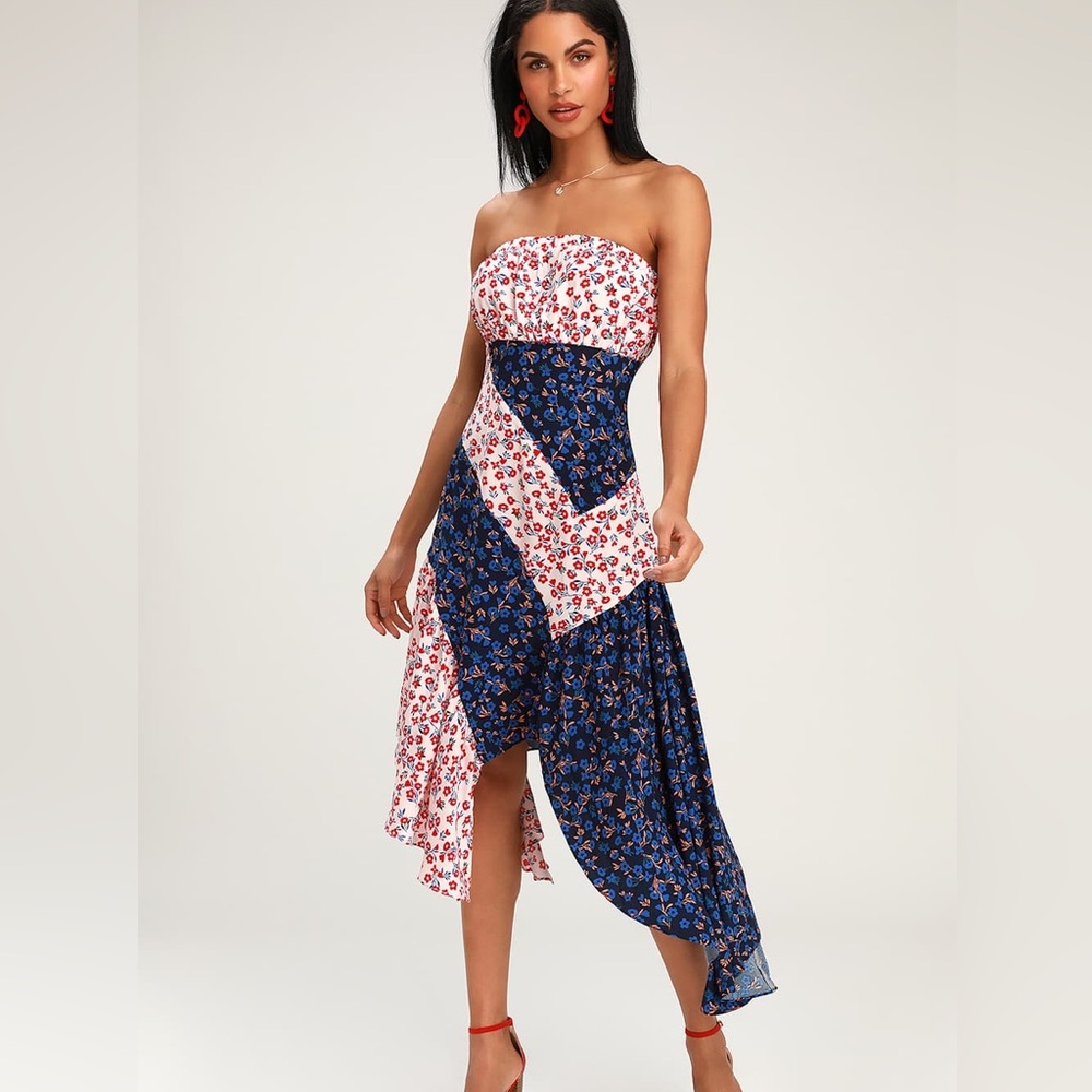 Lulu’s NWT Navy Floral Print Strapless Midi Dress, Size S